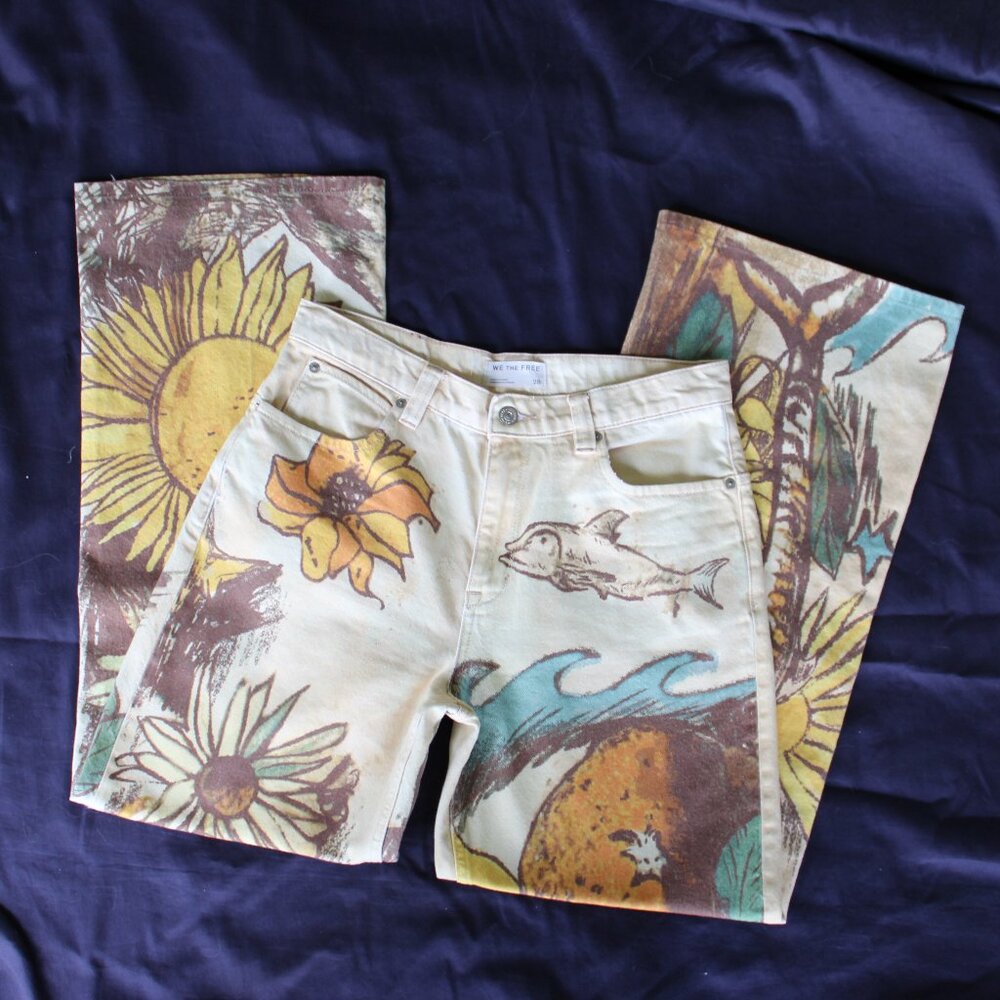 We The Free  tinsley beach scene printed denim jeans sunflowers wide leg barrel - Picture 6 of 14